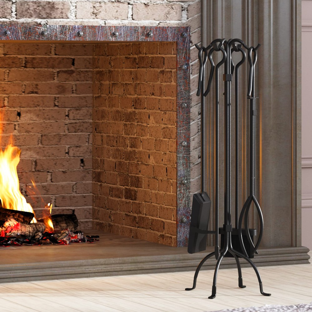 5-Piece Fireplace Tools Set, Heavy Duty Wrought Iron Fire Place Toolset, Black