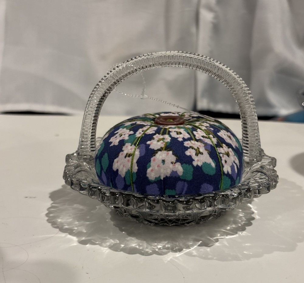 Sewing Pin Cushion Glass Basket Sun Design & Handle EUC