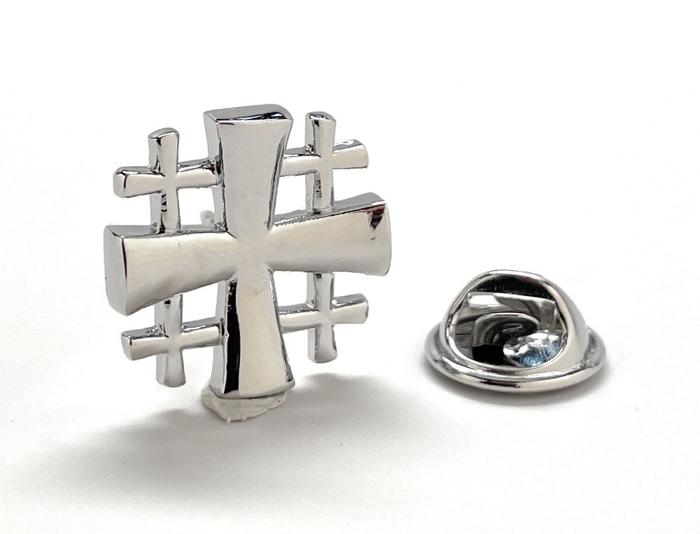 Jerusalem Cross Lapel Pin Crusaders Shield Cut Out Design Silver Five-Fold Pin