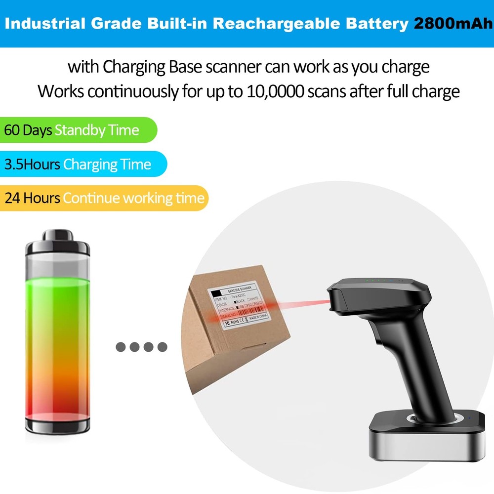 Alacrity 2D QR Wireless Barcode Scanner Charging Base Battery Level Indicator