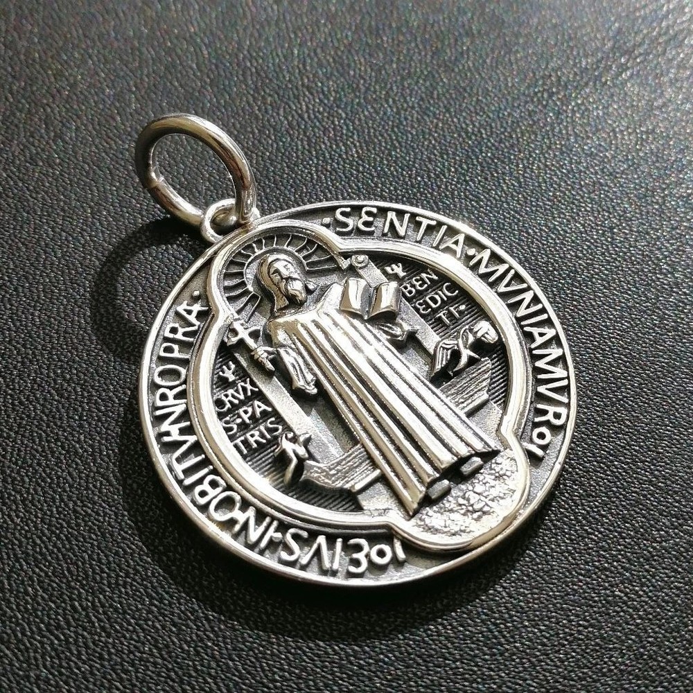 Solid 925 Sterling Silver 28mm Round Saint Benedict Medal Pendant Great Gift
