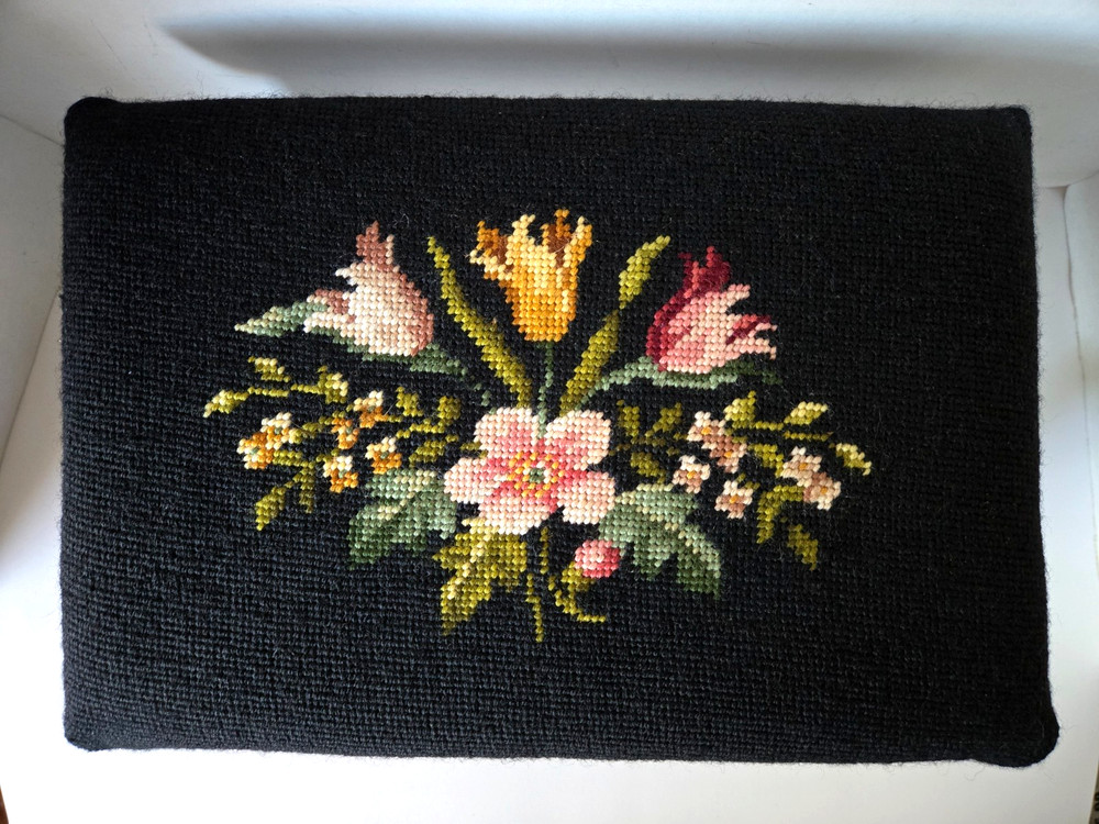Vtg Floral Needlepoint Footstool Wool Rectangular Victorian Flowers Black 14.5”