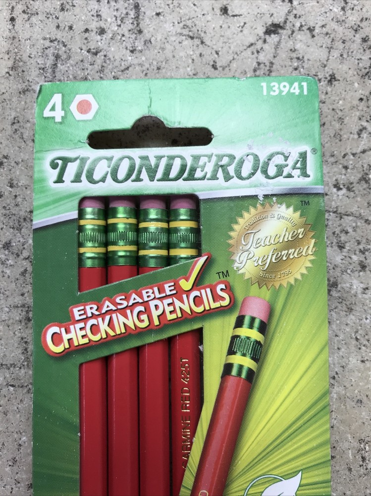 Ticonderoga Erasable Checking Pencils, Eraser Tipped, Pre-Sharpened, 4/Pack, Red