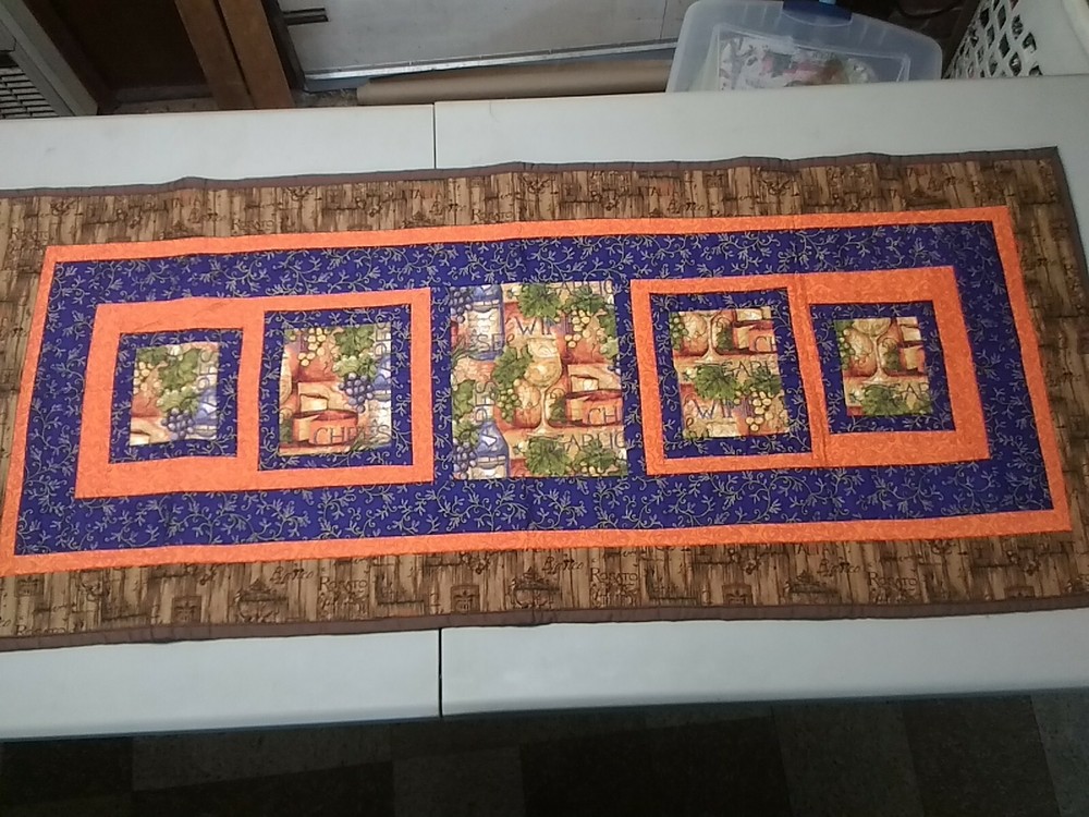 table runner wine barrel cheese vine bottle glasses decor handmade quilted