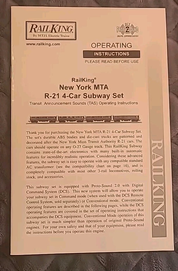 MTH Operator's Manual for Premier R-21 Ps2  Subway Set Train Instructions