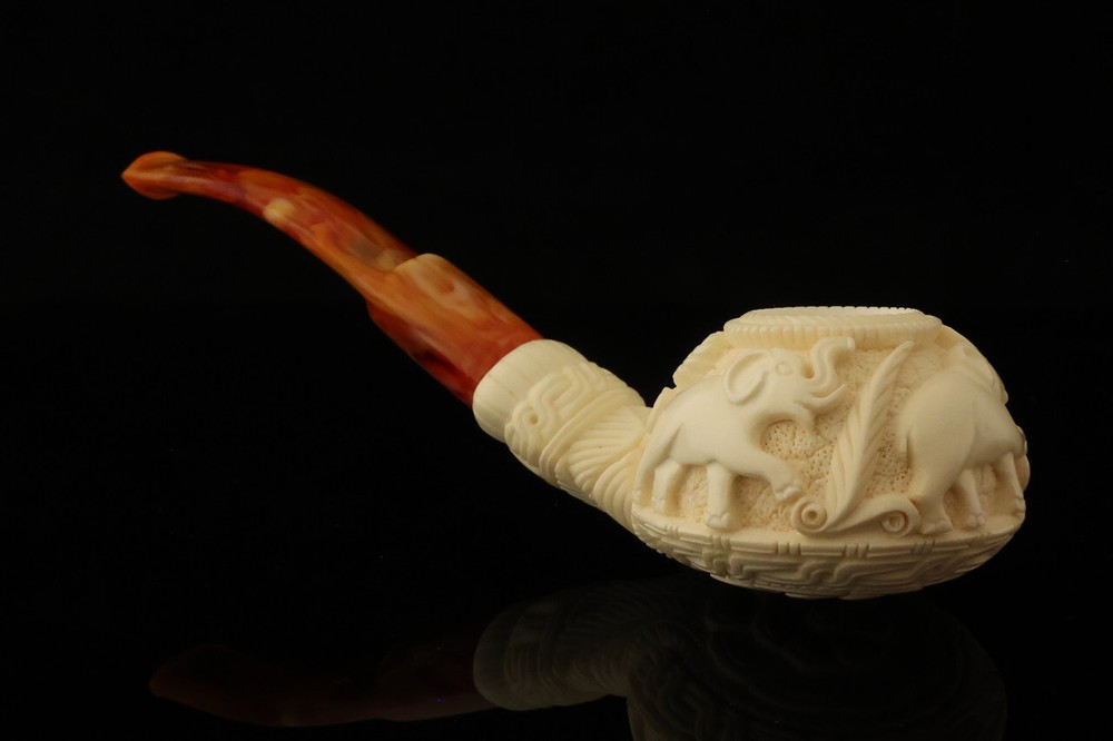 srv - Tri Elephants Block Meerschaum Pipe with custom case 15218