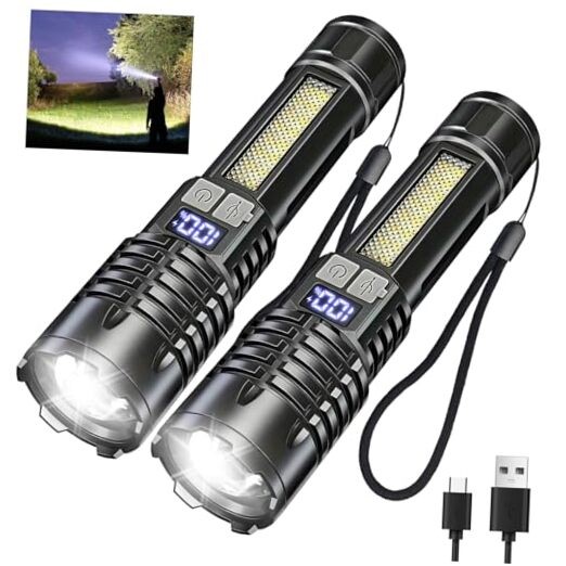 Rechargeable Flashlights 2 Pack with Side Light & Digital Power Display, Black