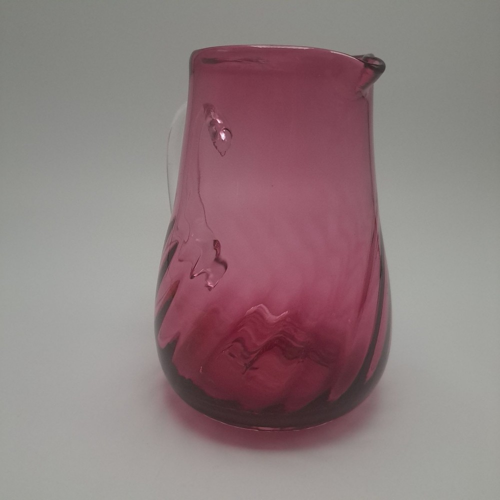 Hand Blown Pilgrim Cranberry Glass Pitcher Applied Clear Handle