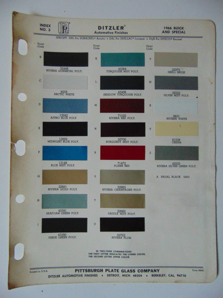 Original 1966 Ditzler Buick and Special Paint Chips Sheet