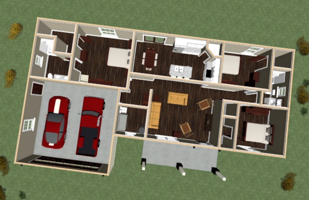 Ranch House Plans 1614 SF 3 Bed 2 Bath Split BR - #1211 Open Floor (Blueprints)