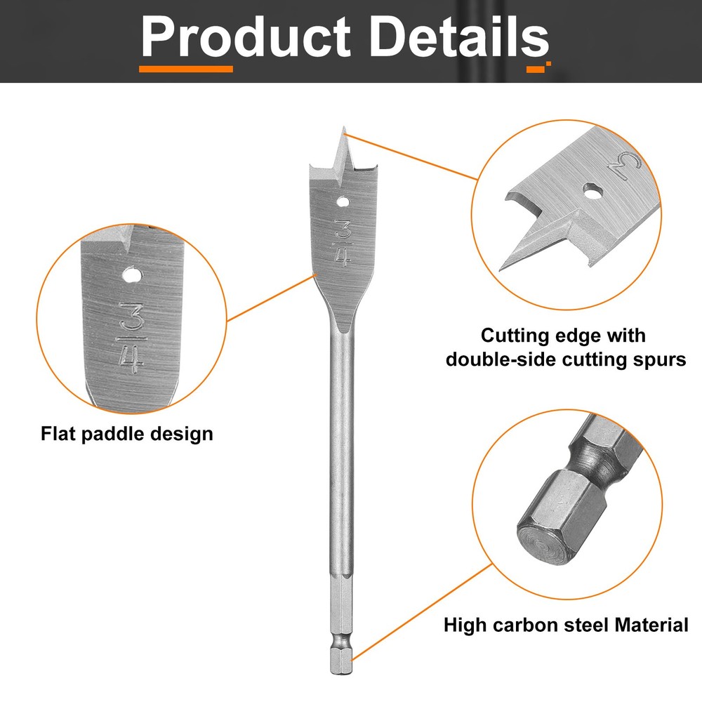 Spade Drill Bit 3/4" Paddle Flat Bits Wood Hole Cutter Silver Tone