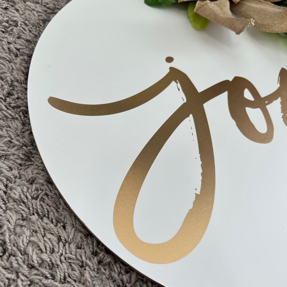 Round Wood Wall Hanging Decor White Gold Joy Script Rustic Burlap Bow Eucalyptus