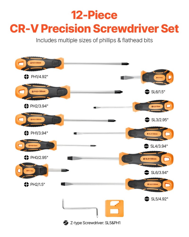 NEW HOT/ Screwdriver Set,12-Piece Hand Tools Set w/Magnetic Tips,Includes 5 Phi