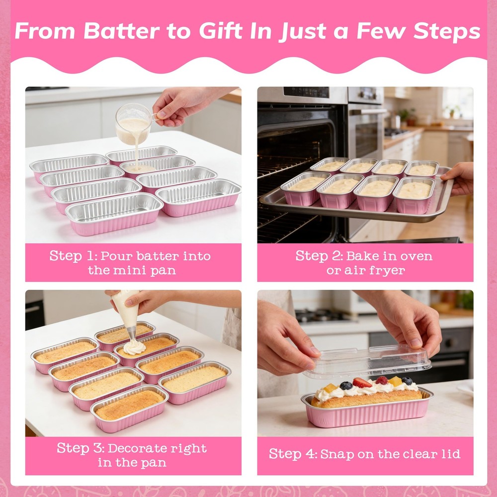 50 PACK Mini Cake Pans with Lids and Spoons,Rectangular Aluminum Foil Bread P...