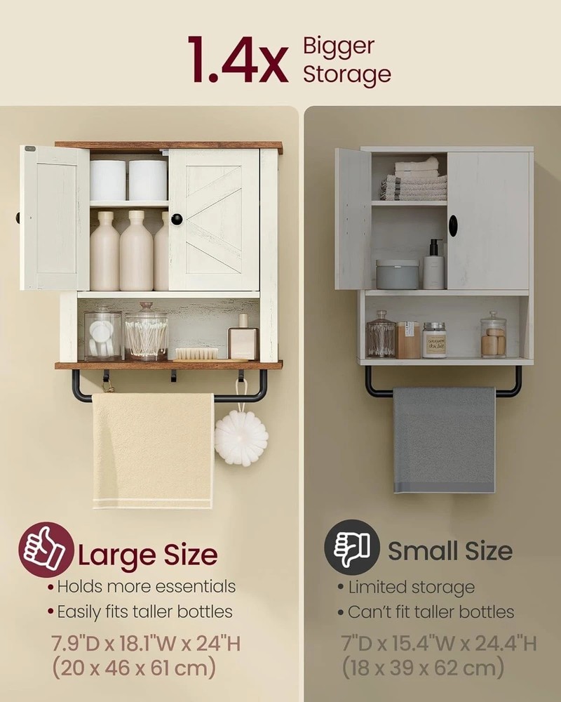 LIRY Rustic White Bathroom Wall Cabinet - 2 Barn Doors, Adjustable Shelf