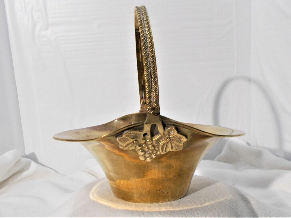 Brass Basket Shaped Planter Dish Bowl With Handle & Grape Designs Made in India