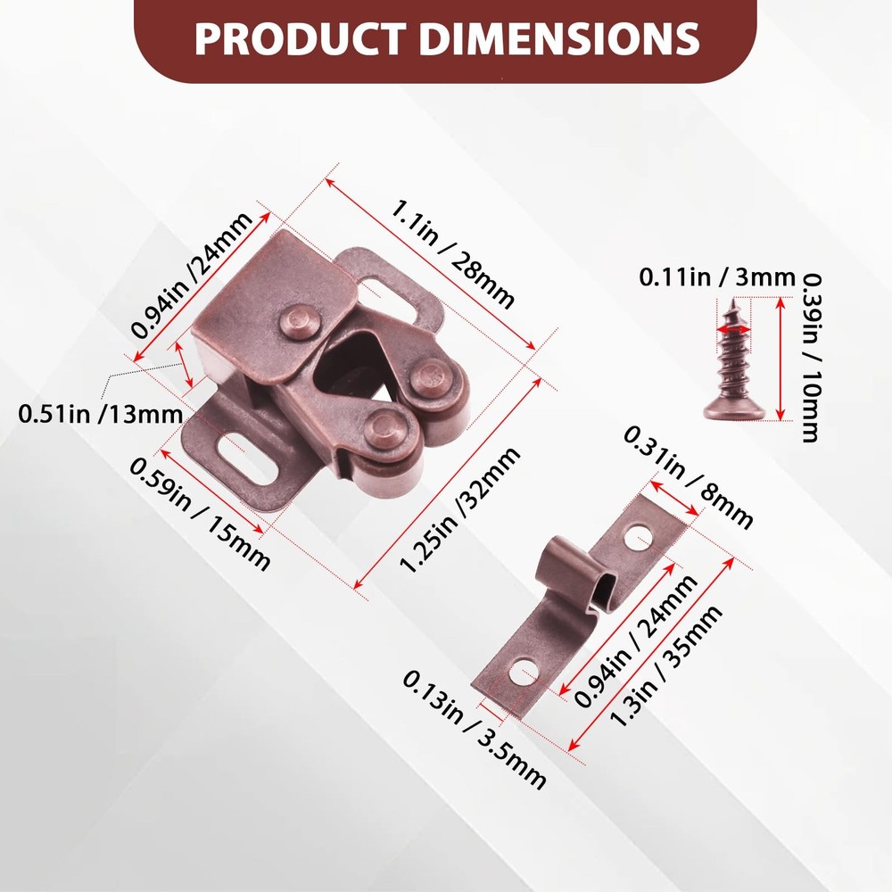 8 PCS Red Bronze Cabinet Latch Double Roller Catch with Spear Strike