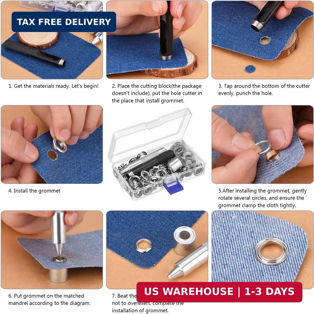 Grommet Tool Kit, Grommet Setting Tool and 100 Sets Eyelets with Storage Box, 1/