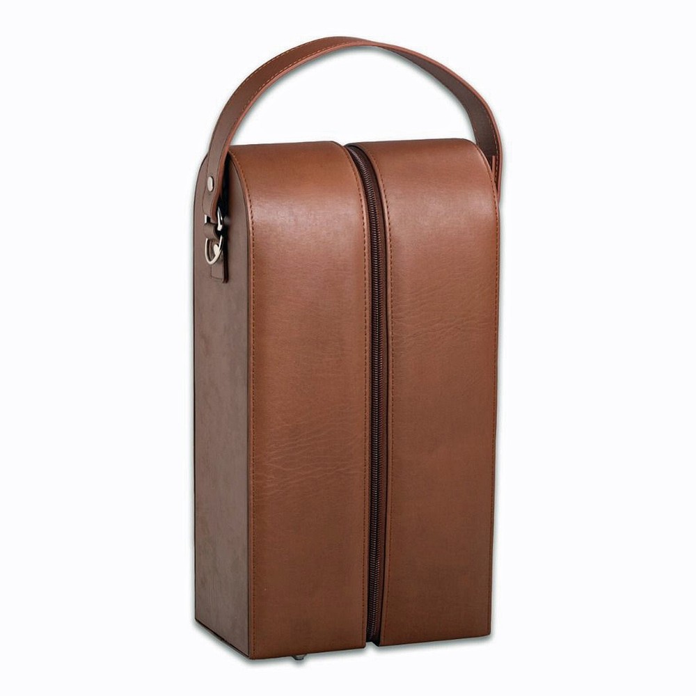 BROWN LEATHER TWO BOTTLE WINE HOLDER WITH BAR TOOL