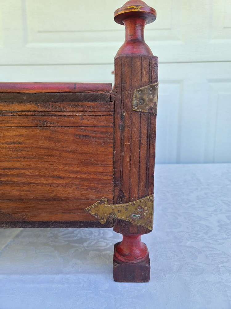Antique Primitive Wood Brass Side End Table Tea Low Blanket Cabinet Storage Box