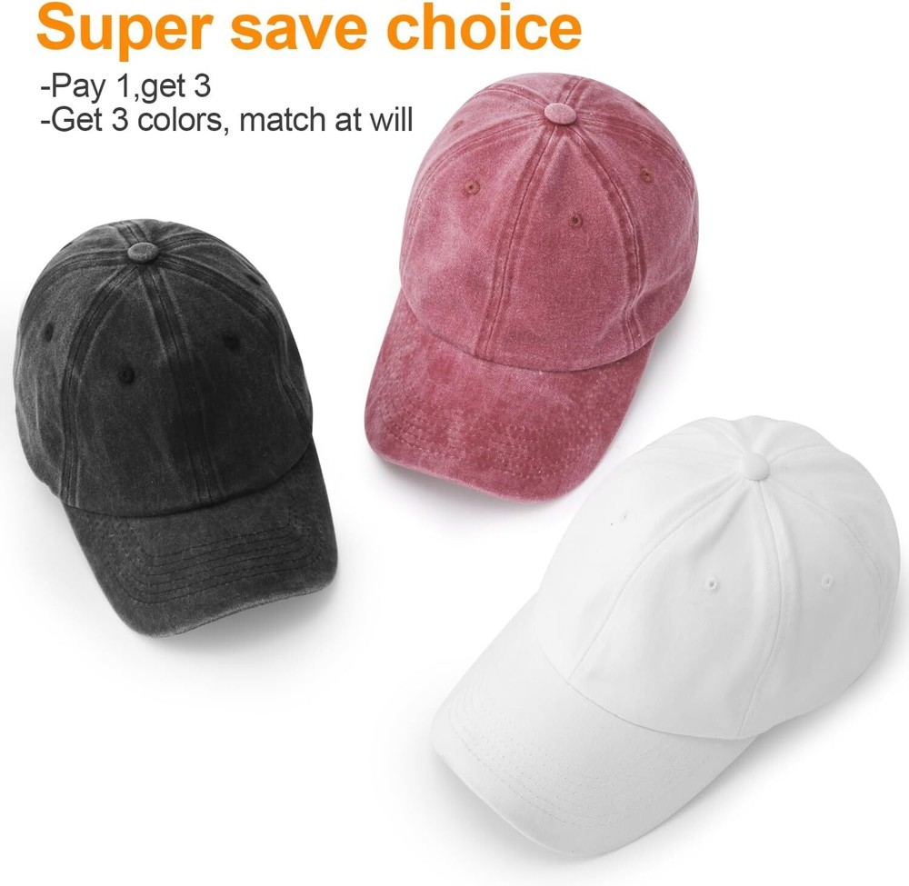 3 Pack Washed Plain Baseball Cap, Retro One Size, Black + White + Wine Red
