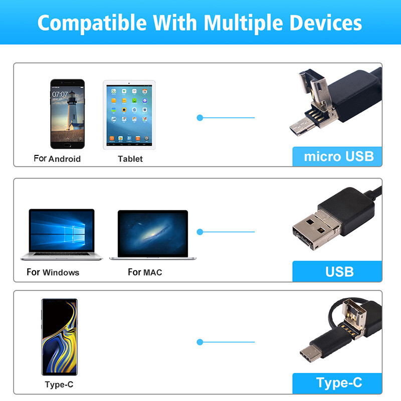 USB Type-C Endoscope Borescope Snake Inspection Camera 3 in 1 for PC Android