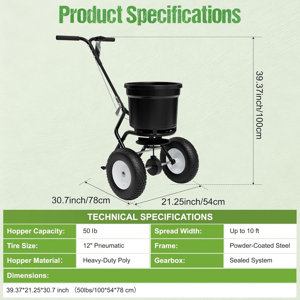 Fertilizer Spreader 50LB Capacity, Walk-Behind Push Broadcast Spreader with Hopp