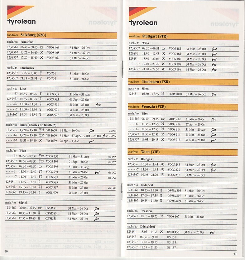 Tyrolean Airways timetable 1996/03/31