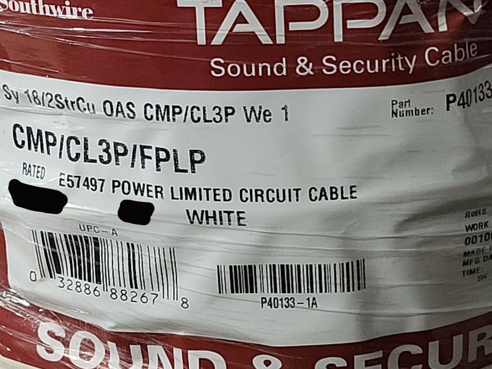 Southwire/Tappan 18/2C Plenum Stranded Shielded Security/Alarm Cable CMP /100ft