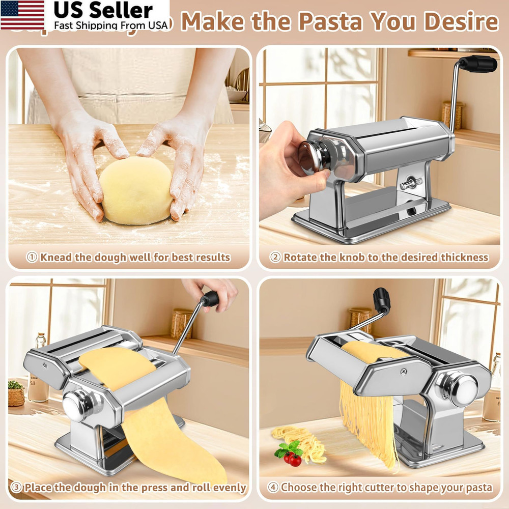 Pasta Maker - 7 Thickness Settings Roller & 2-in-1 Cutter, Silver
