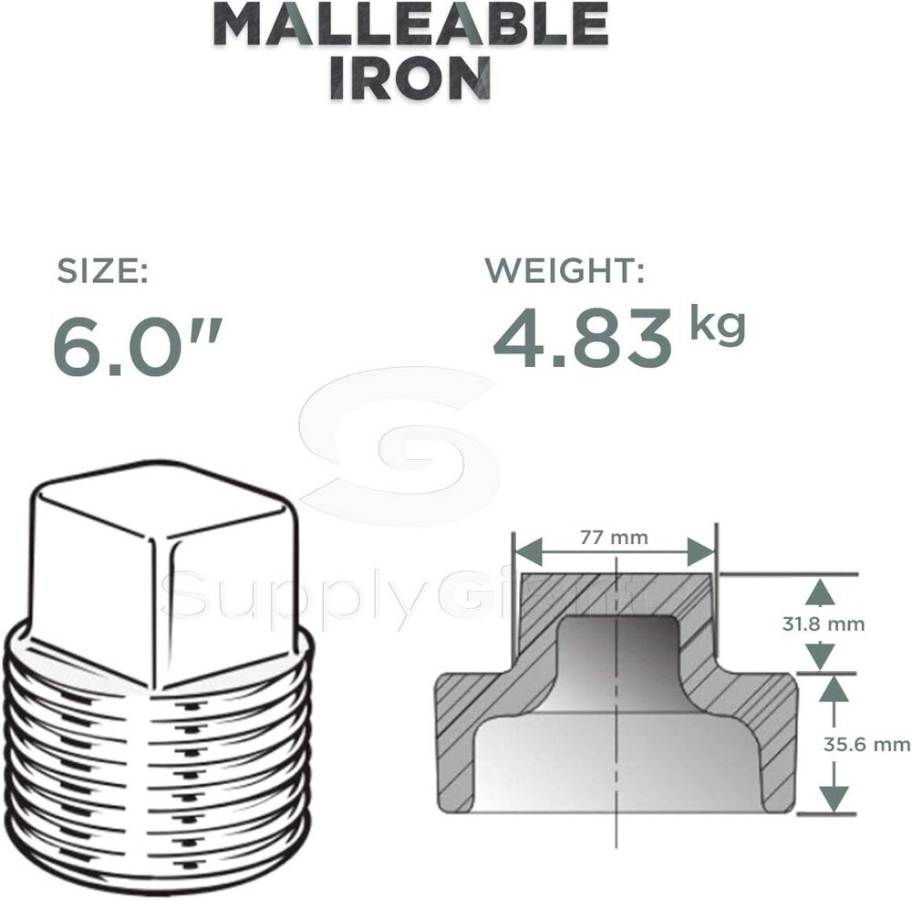6" MIP Galvanized Malleable Iron Plug with Square Head