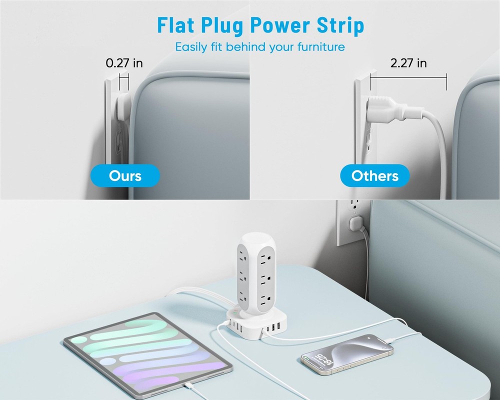 Flat Plug Power Strip Tower 10FT, 40W Total Fast Charging 10 FT, White
