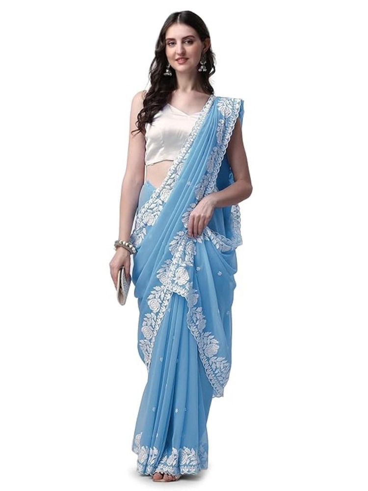 Women's Saree Georgette Embroidery Border Work Designer Saree.