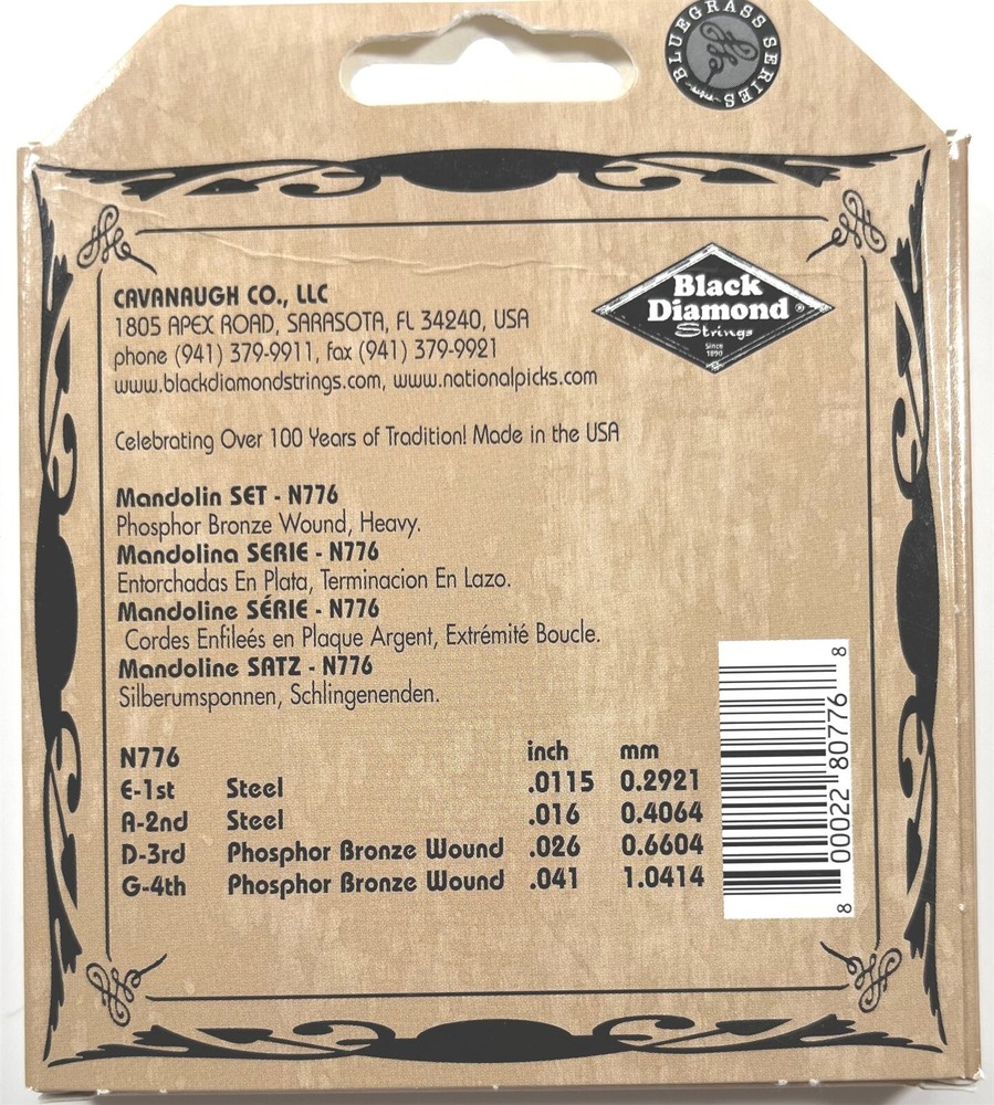 Black Diamond Mandolin Strings 2 Sets Phos Bronze Loop End .0115-.041 Black