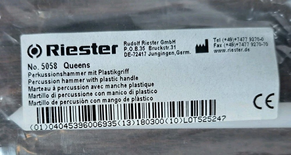 Percussion Hammer Riester 5058 13.77" Queens Percussion Hammer w/ Plastic Handle