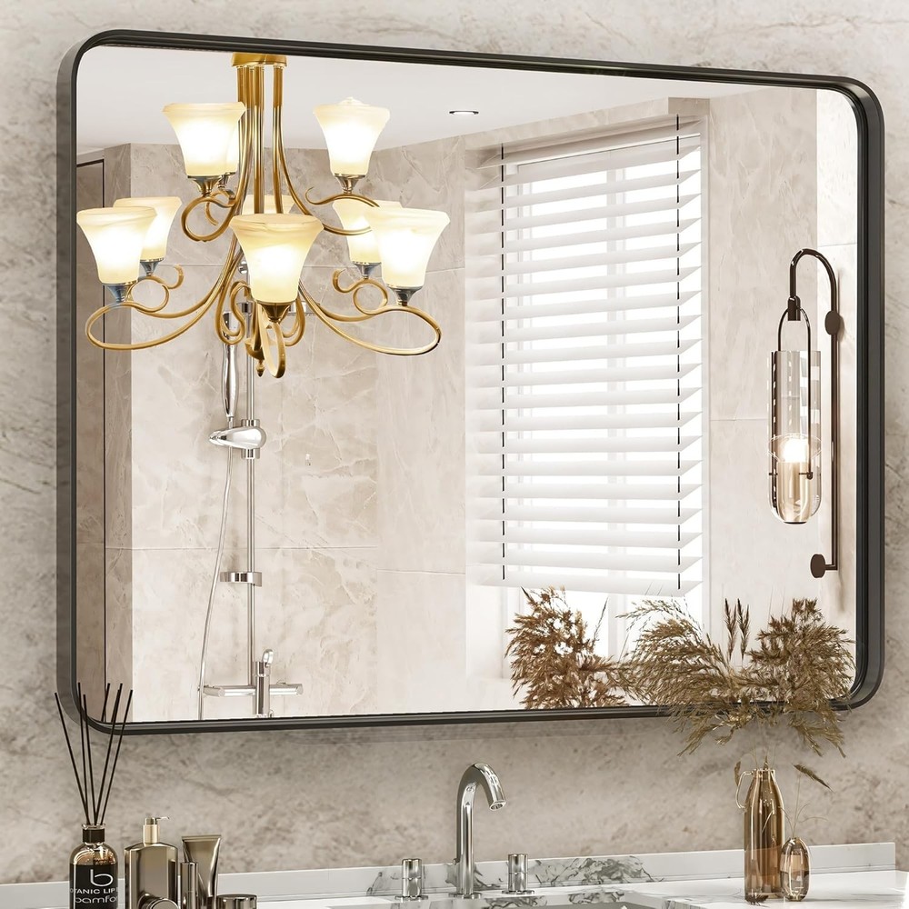 Black Vanity Bathroom Mirror Wall Metal Framed Rounded Rectangular Modern