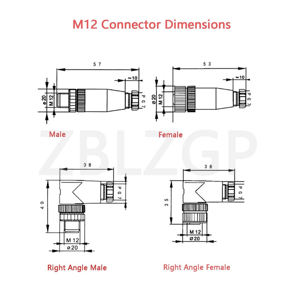 M12 4-Pin Cable Connector 5 Pack 90 Degree Female Screw-Joint A Code