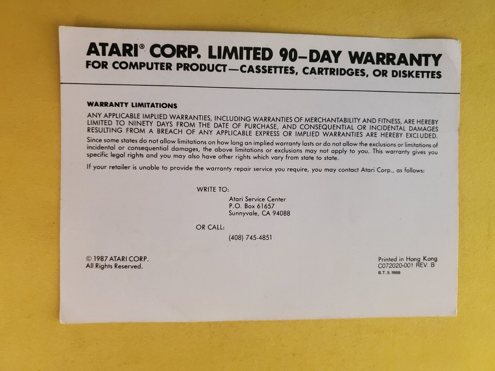 atari 90 day warranty insert