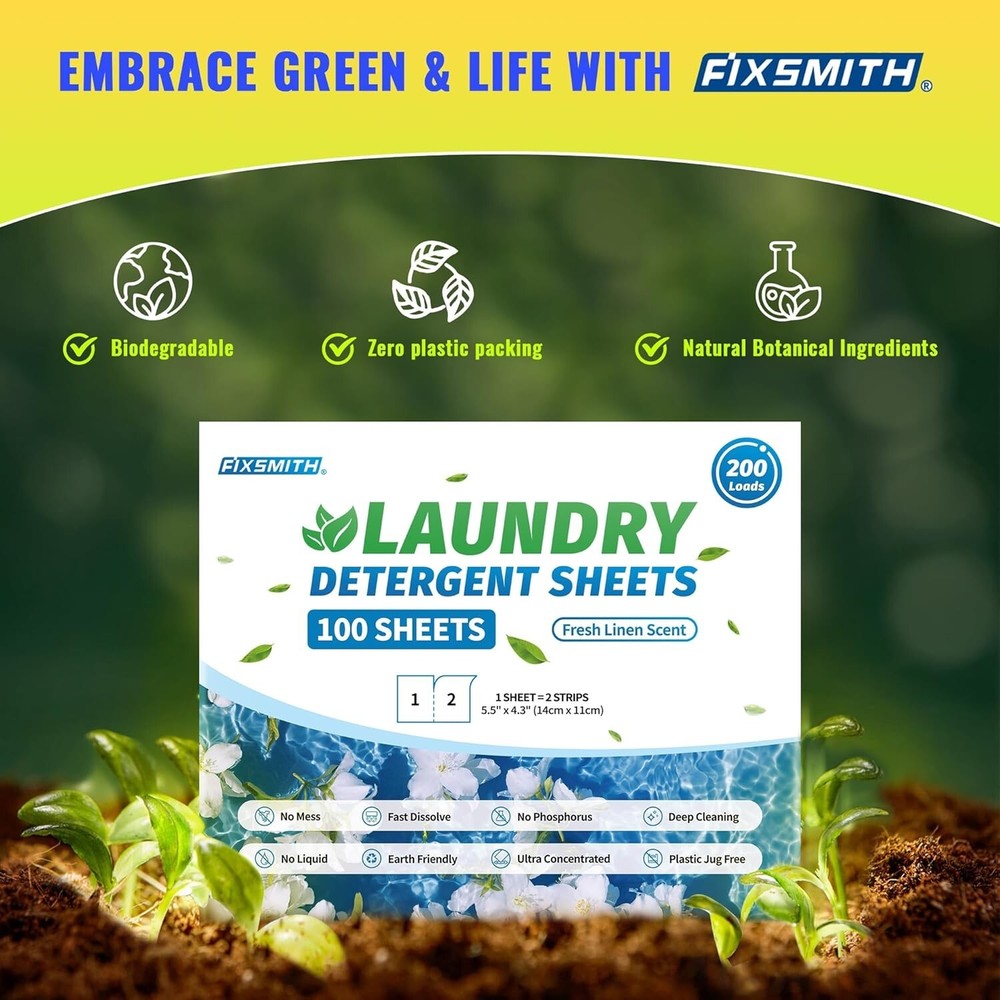 FIXSMITH Laundry Detergent Sheets - 200 Loads (100 Sheets) Fresh Linen Scent - H
