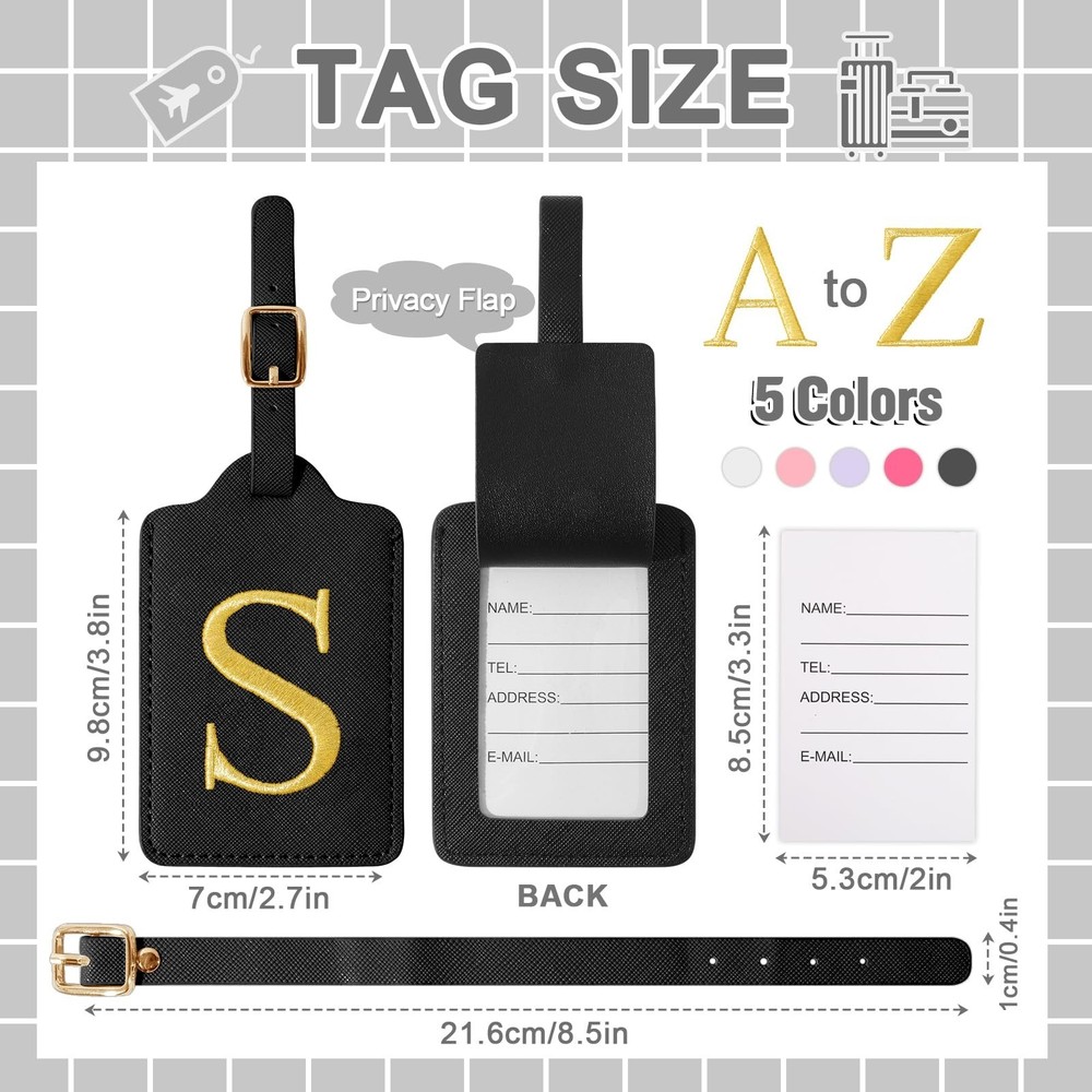Personalized Initial Luggage Tags for Suitcase TSA Approved, Black Leather Cu...