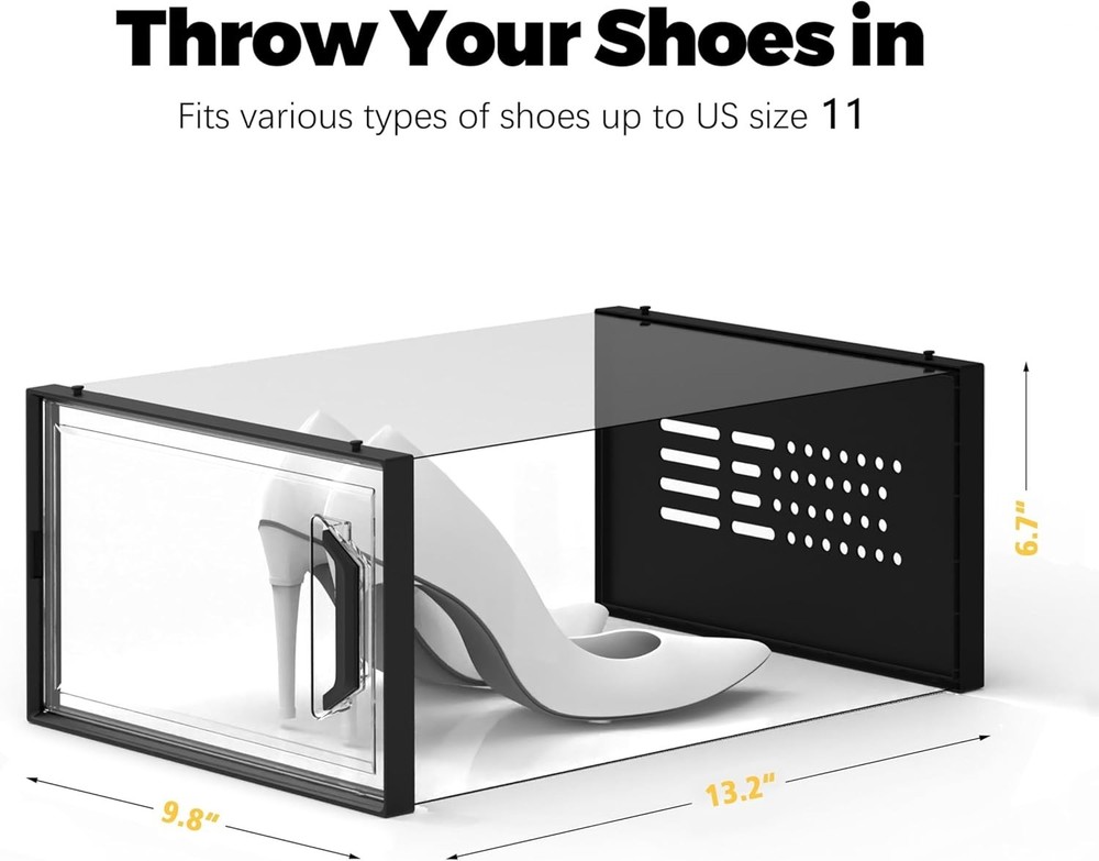 12Pack Shoe Storage Box Fit Size 11,Clear Plastic Stackable Shoe Organizer White