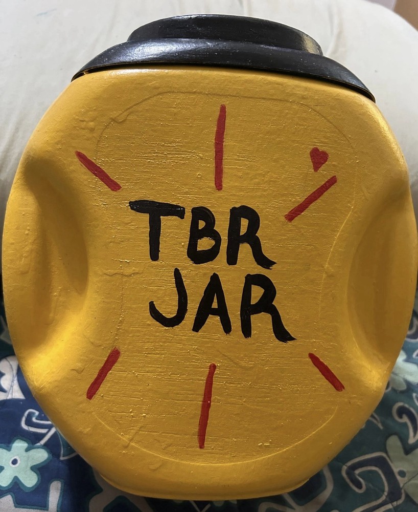 Yellow TBR Jar with Lid, Smiley Face Reader’s jar hand-painted