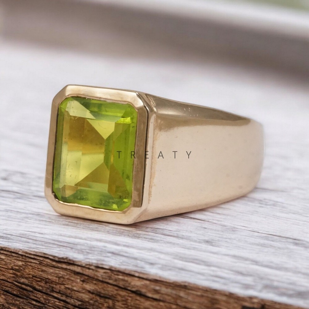 Peridot Emerald Cut With 14K Solid Gold Ring For Men's #A42
