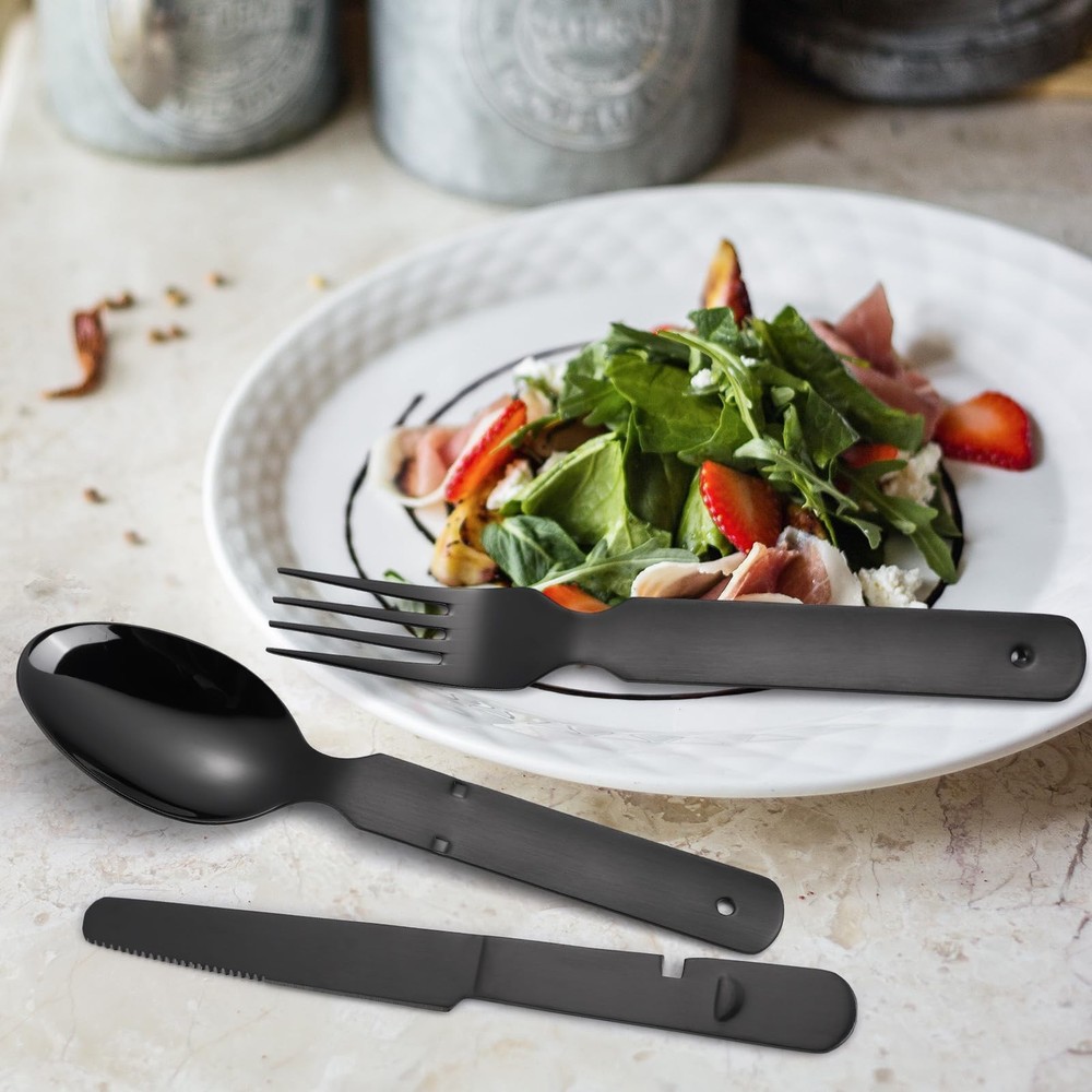 A · HOUSEWARE Portable Silverware Black Flatware Camping Cutlery Stainless St...