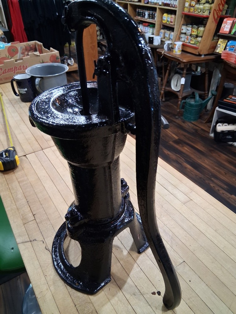Cast Iron Hand Water Pump With Base, Refinished Black