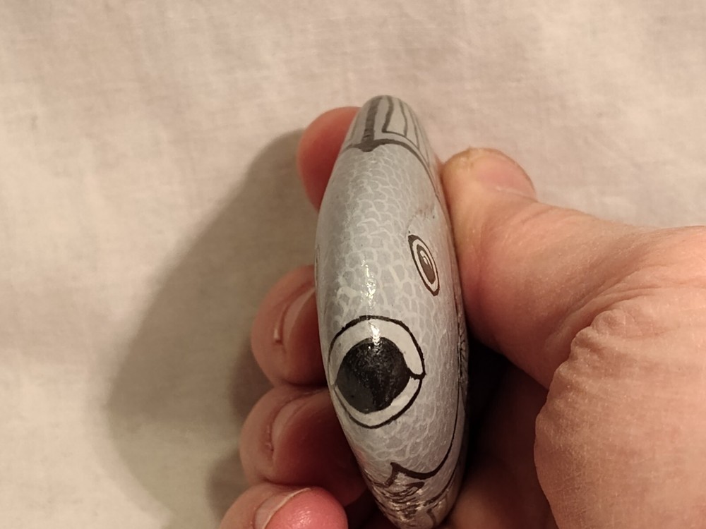 Hand Painted Stone Rock Gray Fish Signed