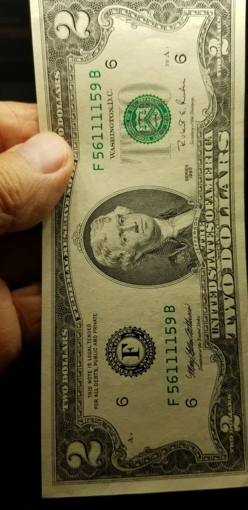 1976 $2 ERROR FRN Note Green Printing major shifting down