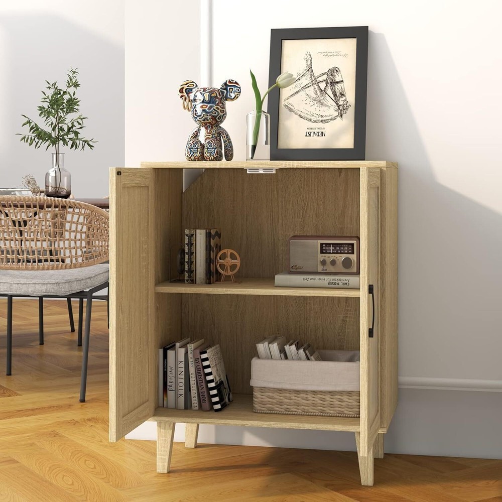 Buffet Cabinet Sideboard W/ Rattan Decorated Doors Kitchen Storage Cupboard New