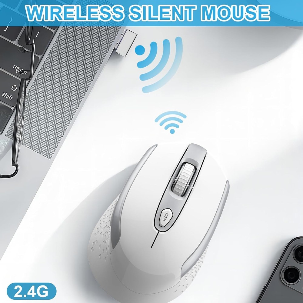 Wireless Optical Mouse Silent Click 2.4G USB Receiver 1600 DPI Ergonomic White