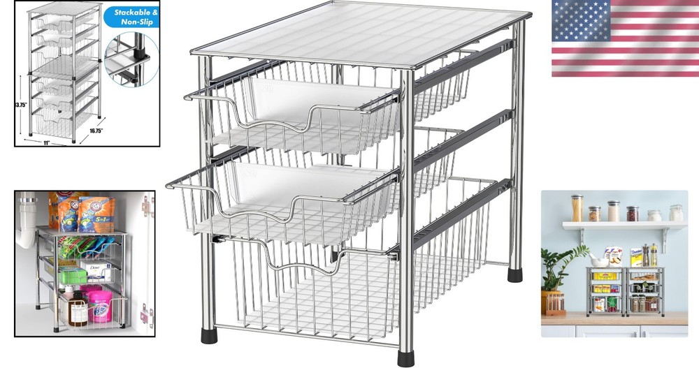 Elegant 3-Tier Chrome Stackable Sliding Basket Organizer for Effortless Storage